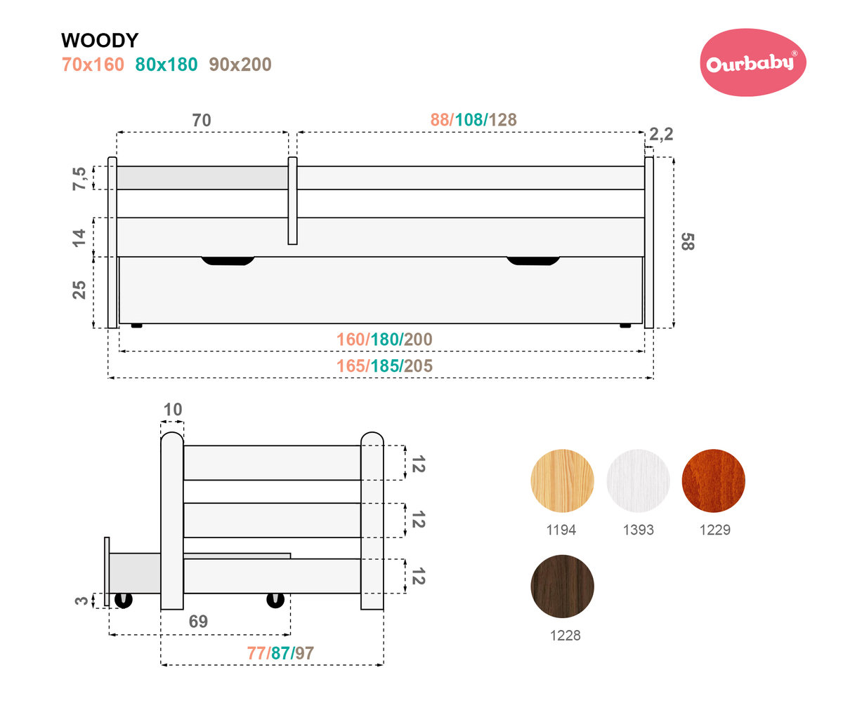 Lettino per bambini Woody con barriera - noce 