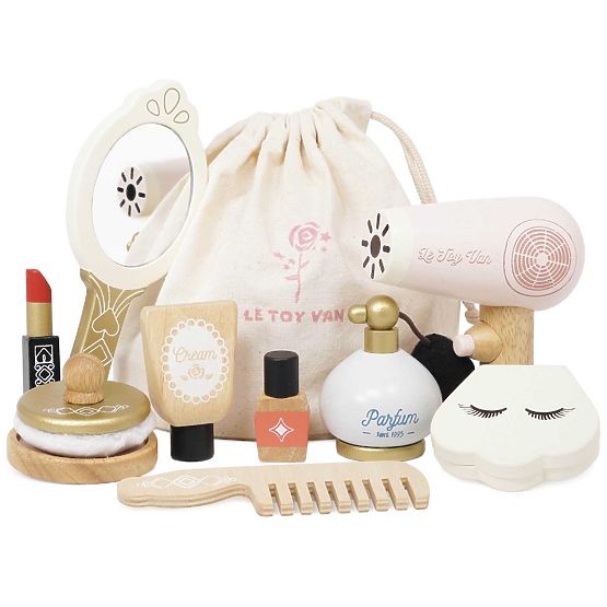 Borsa cosmetica con accessori in legno